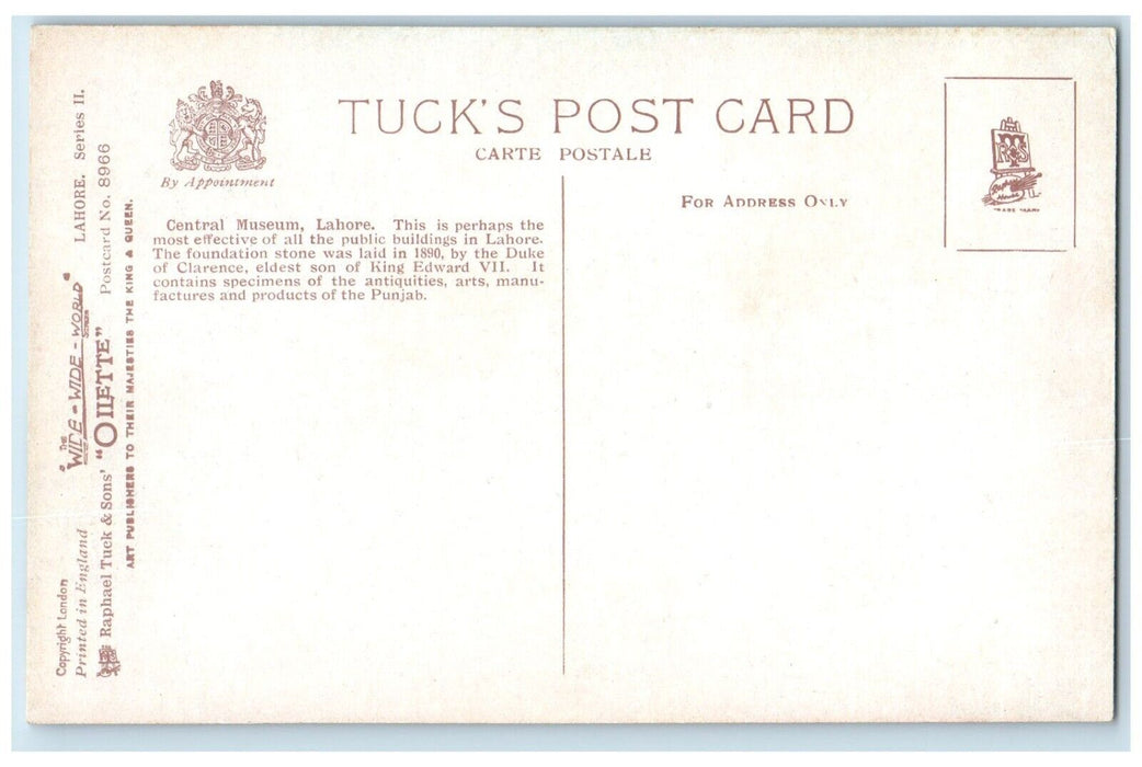 c1910's Lahore Central Museum Building Punjab India Oilette Tuck's Postcard
