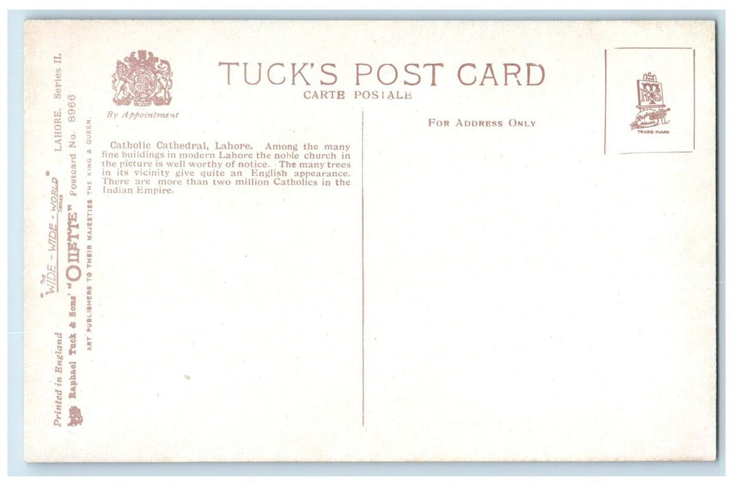 c1910's Lahore Roman Catholic Cathedral Punjab India Oilette Tuck's Postcard