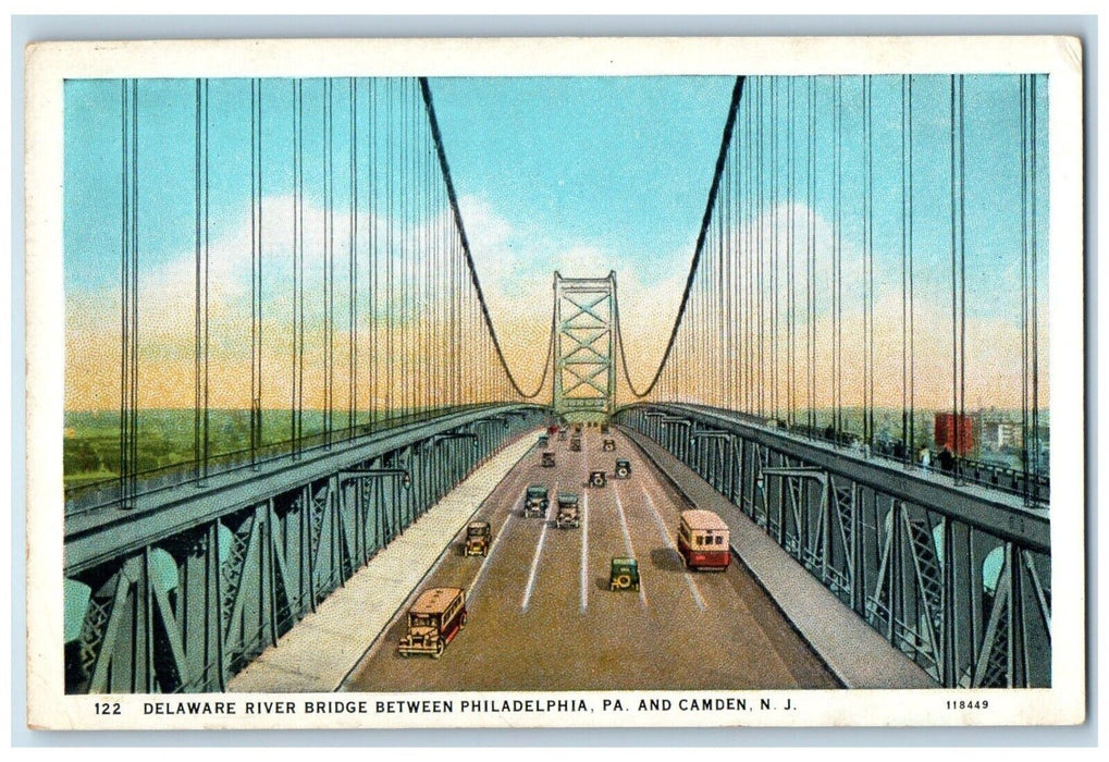 c1920 Delaware River Bridge Philadelphia PA Cars Camden New Jersey NJ Postcard