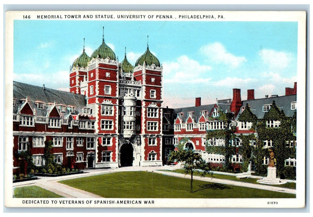 c1920 Memorial Tower Statue University School Philadelphia Pennsylvania Postcard