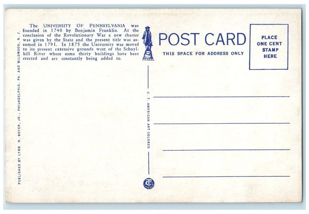 c1920 Memorial Tower Statue University School Philadelphia Pennsylvania Postcard