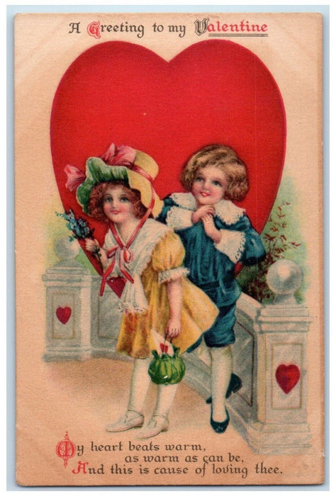 c1910's Valentine Greetings Children Sweetheart Big Heart Flowers Wolf Postcard