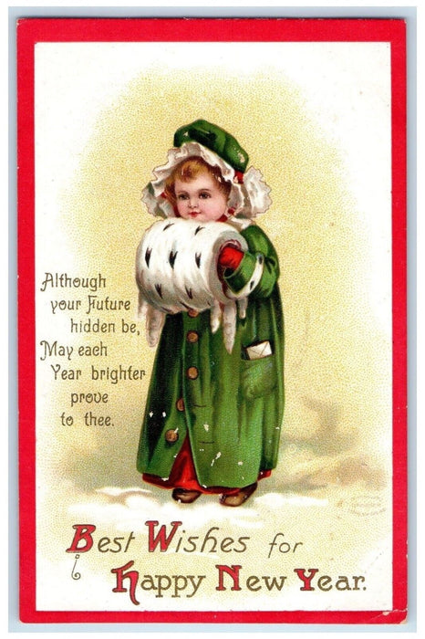 c1910's Happy New Year Little Girl Handwarmer Clapsaddle Embossed Postcard