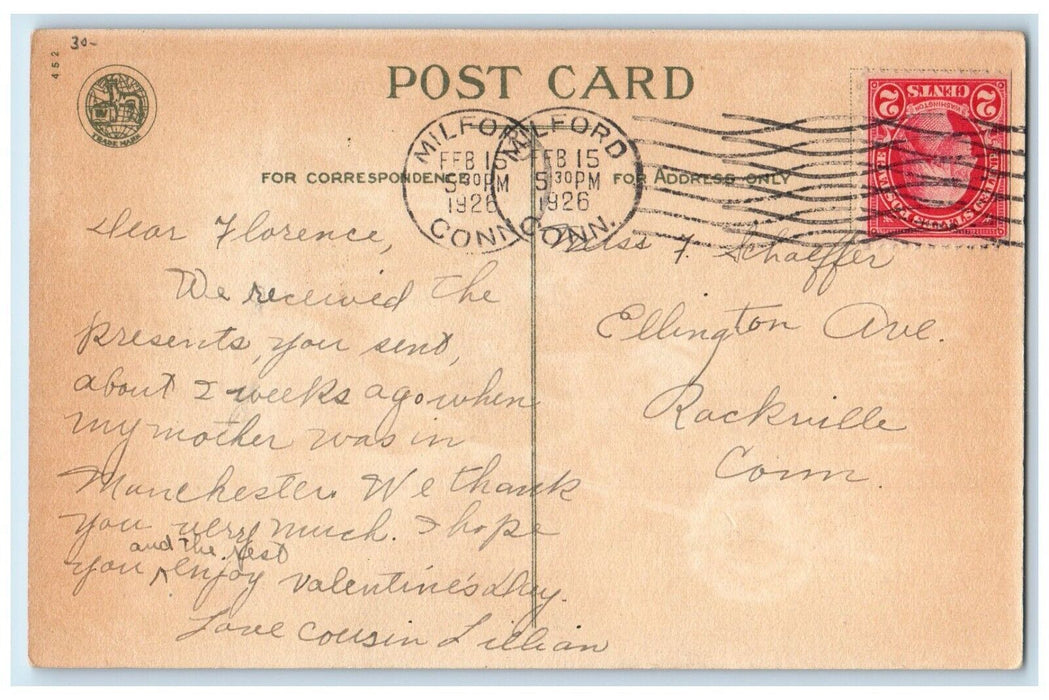 1926 Valentine Little Boy Whisper Milford Connecticut CT Wolf Antique Postcard