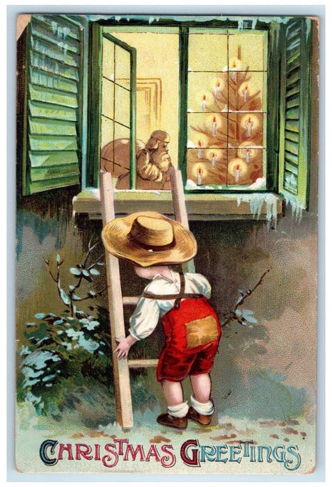 Christmas Greetings Little Boy Ladder On Window Clapsaddle Embossed Postcard