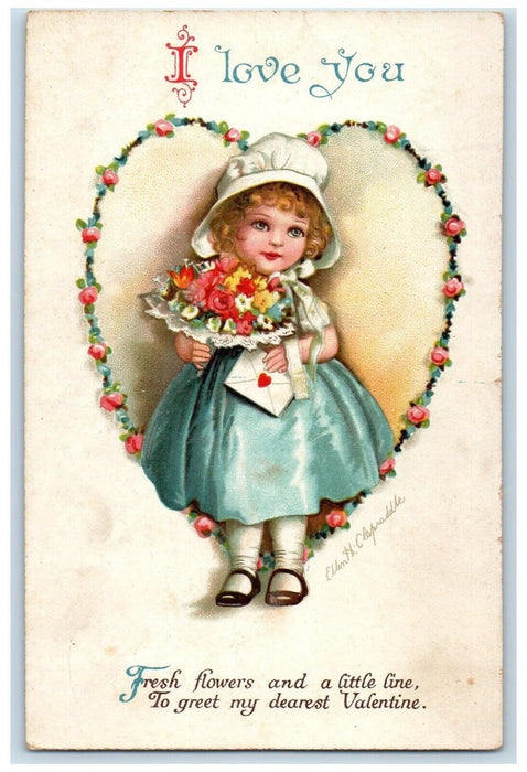 Valentine Cute Girl Flowers Letter Floral Heart Ellen Clapsaddle Wolf Postcard
