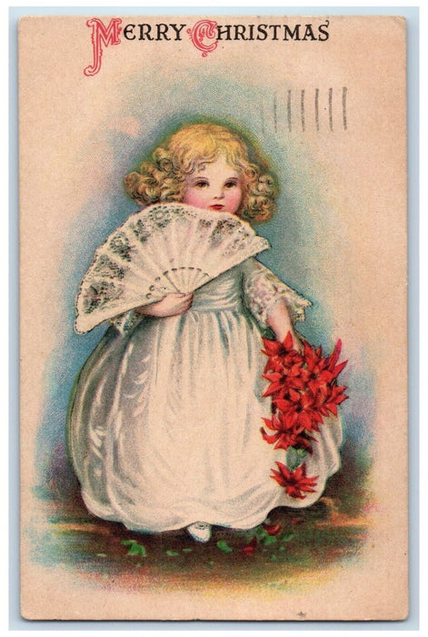 1922 Merry Christmas Cute Girl Fan Poinsettia Flowers Wolf New Haven CT Postcard