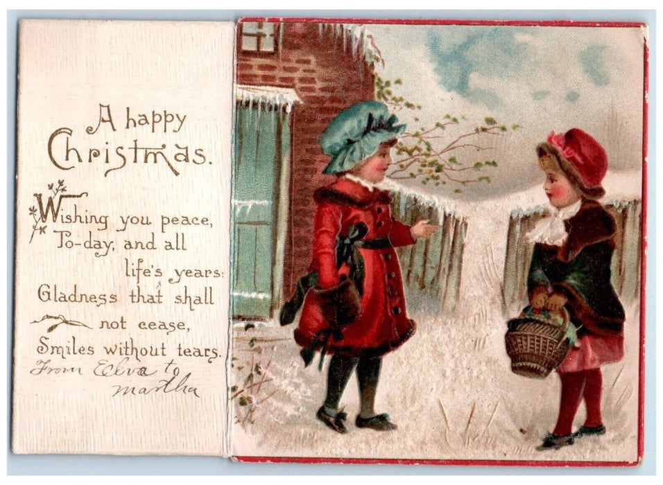 Christmas Message Children Bonnet Handwarmer Basket Embossed Fold Out Postcard