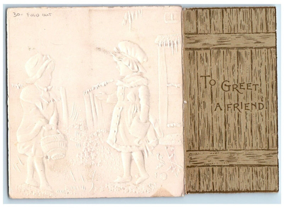 Christmas Message Children Bonnet Handwarmer Basket Embossed Fold Out Postcard