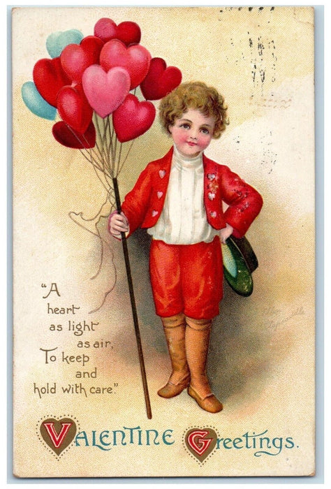 1912 Valentine Greetings Boy Hearts Balloon Embossed Springfield OH Postcard