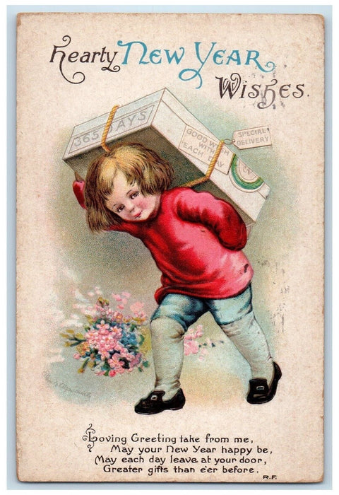 1916 New Year Wishes Boy Carrying Box Flowers Clapsaddle Hartford CT Postcard