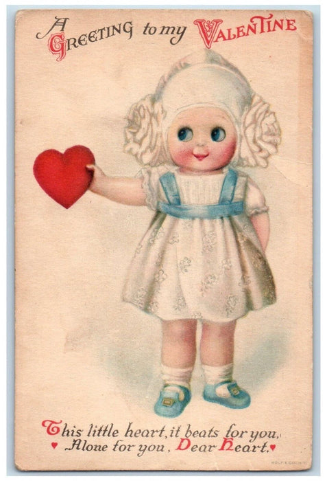 1920 Valentine Greeting Cute Little Girl Holding Heart Wolf Antique Postcard