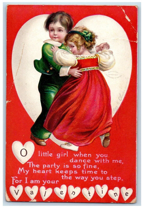1913 Valentine Little Sweetheart Dancing Big Heart Embossed Clapsaddle Postcard