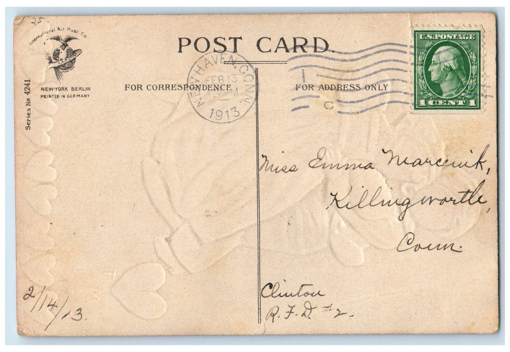 1913 Valentine Little Sweetheart Dancing Big Heart Embossed Clapsaddle Postcard