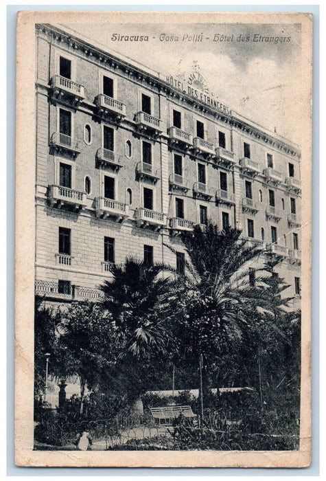 1919 Strangers Hotel Politi House Siracusa SR Italy Antique Postcard