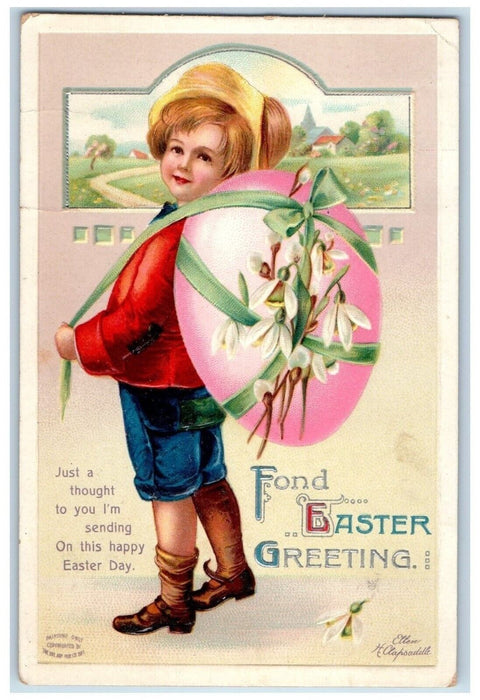 1911 Easter Greeting Boy Carrying Big Egg Flowers Ellen Clapsaddle Postcard