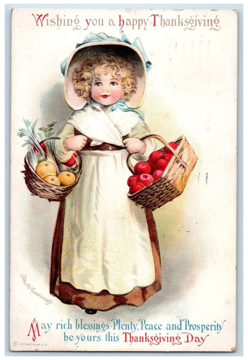 1920 Thanksgiving Girl Big Hat Holding Fruits Basket Ellen Clapsaddle Postcard