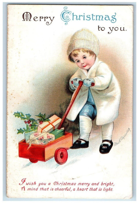 c1910's Christmas Boy Pushing Wagon Toys Ellen Clapsaddle Artist Signed Postcard