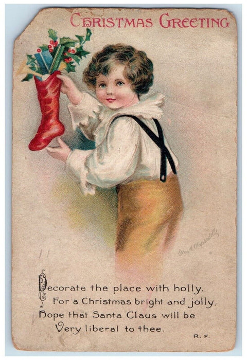 Christmas Greeting Boy Stocking Toys Ellen Clapsaddle Artist Signed Postcard
