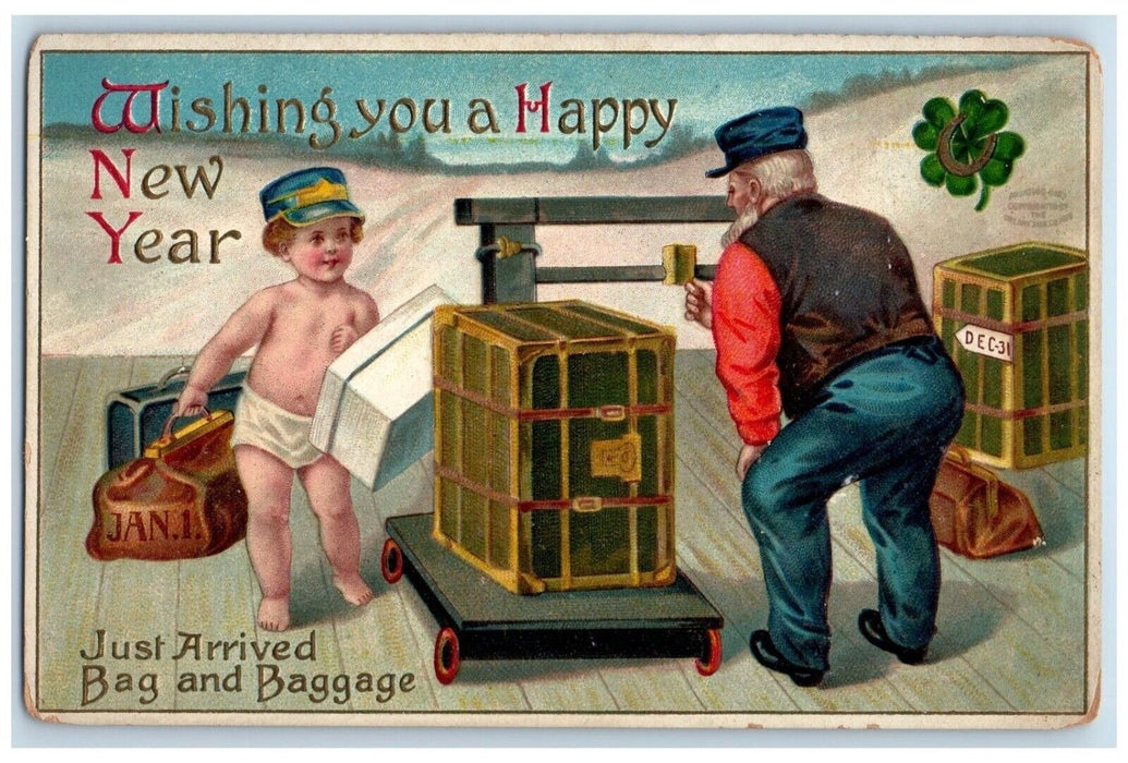 1910 New Year Boy Bag Baggage Scale Horseshoe Shamrock Clapsaddle Postcard