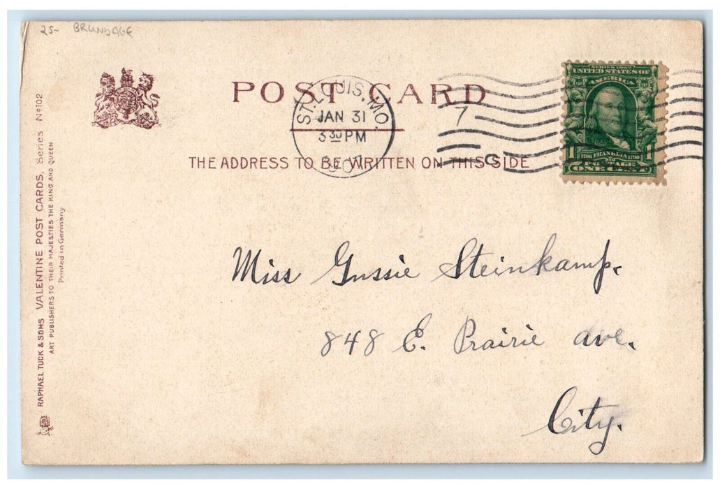 1907 Valentine Dutch Couple Romance Brundage Tuck's St. Louis MO Posted Postcard