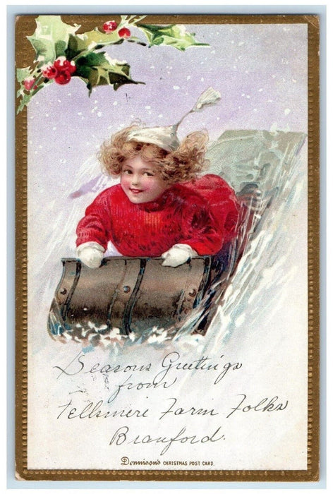 Season Greetings Child Sledding Winter Brundage Embossed Brandford CT Postcard