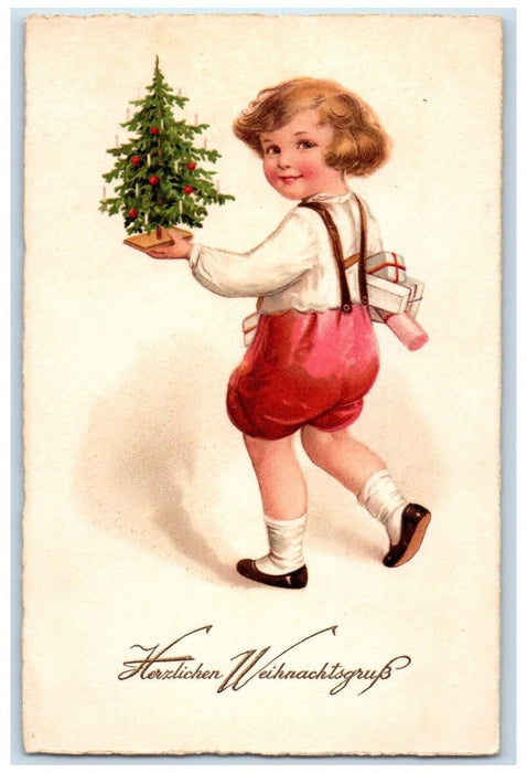 c1910's Merry Christmas Boy Holding Gifts Little Christmas Tree Germany Postcard