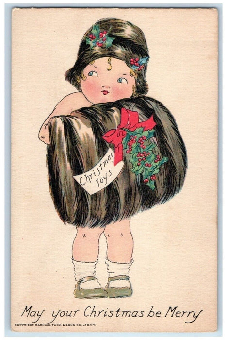 c1910's Christmas Little Kid Undress Covered Handwarmer Posted Antique Postcard