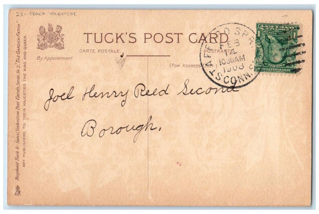 1908 Valentine Peach Head Curtis Tuck's Stafford Spring CT Antique Postcard