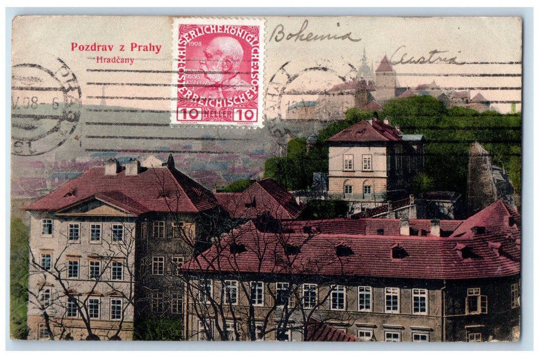 1908 Greetings from Prague Hradcany Bohemia Austria Antique Postcard