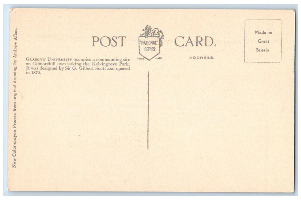 c1910 Glasgow University on Gillmorehill Glasgow Scotland Antique Postcard