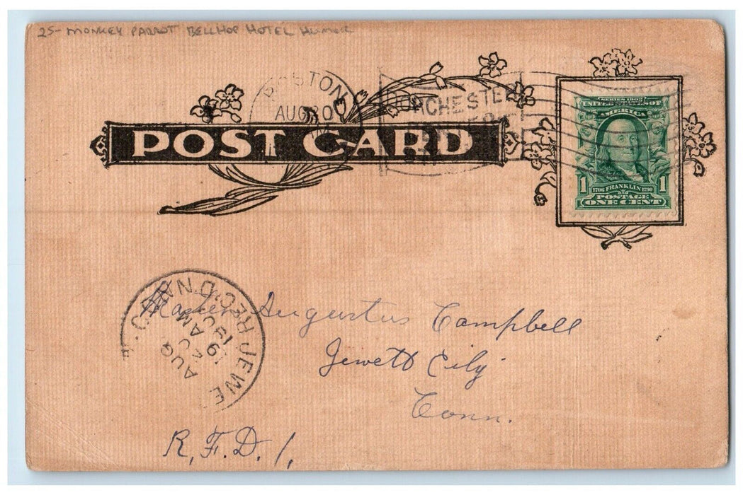 1907 Monkey Parrot Bellhop Hotel Humor Animals Boston MA Antique Posted Postcard