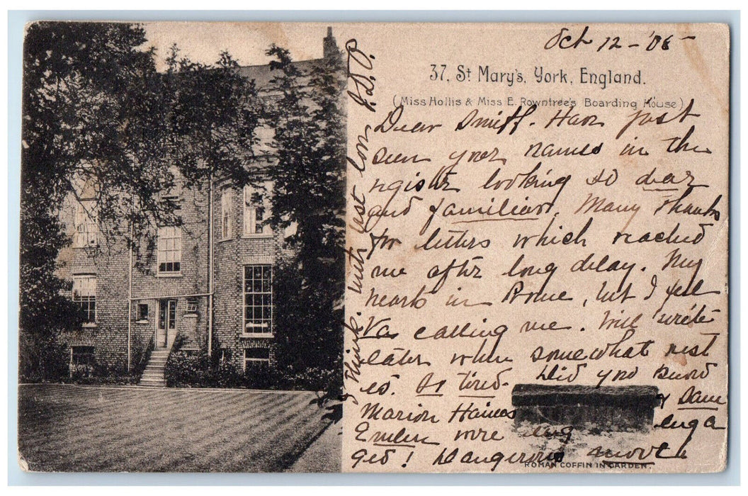 1908 Miss Hollis Miss Rowntrees Boarding House St. Mary's York England Postcard