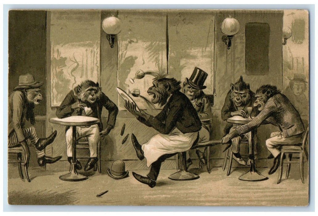 c1905 Anthropomorphic Monkey Restaurant Cigar Animals Unposted Antique Postcard