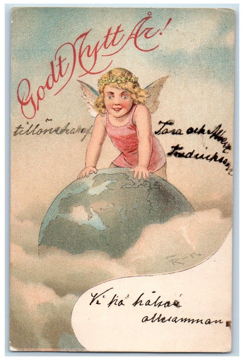 c1905 Christmas New Year Sweden Angel On Top Globe Clouds Antique Postcard