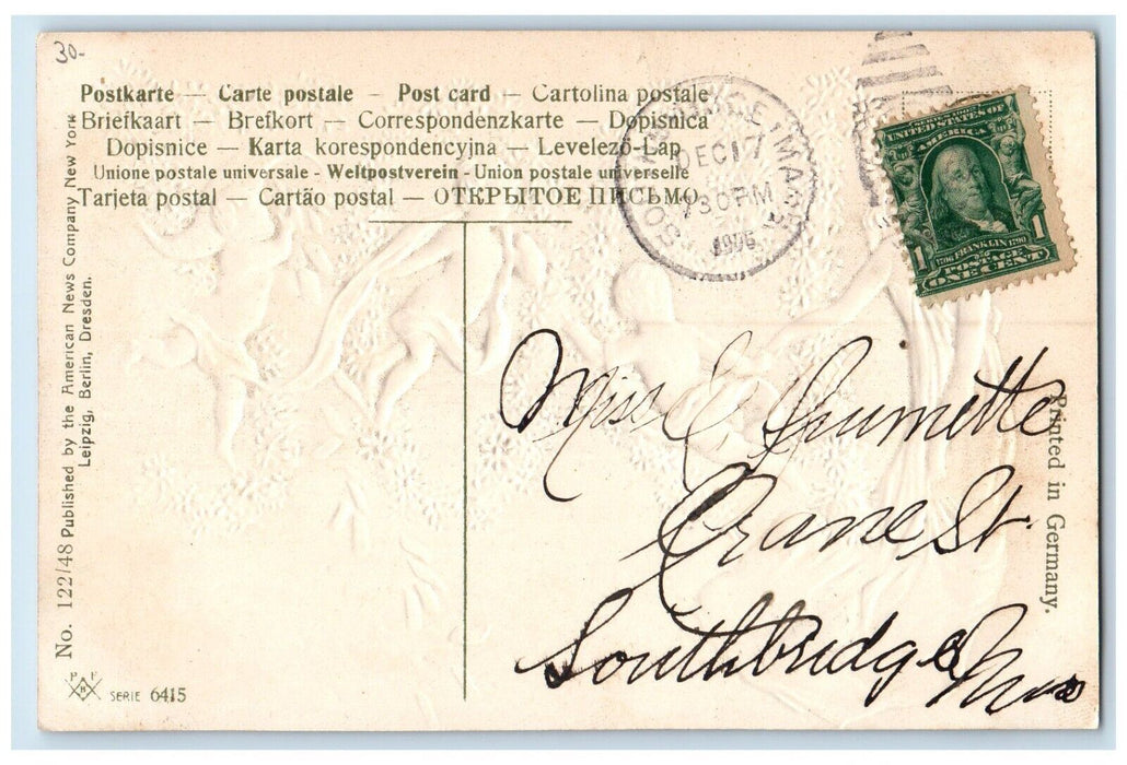 1907 Merry Christmas Floating Angels Flowers Embossed Southbridge MA Postcard