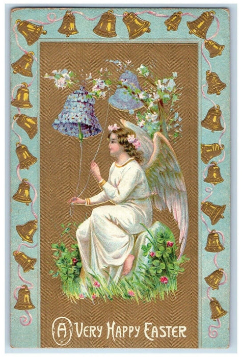c1910's Happy Easter Angel Ringing Bells Pansies Flowers Embossed Postcard