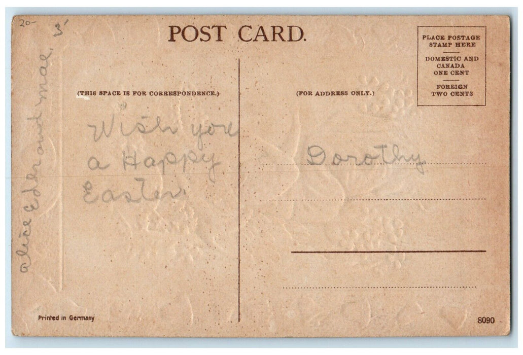 c1910's Happy Easter Angel Ringing Bells Pansies Flowers Embossed Postcard