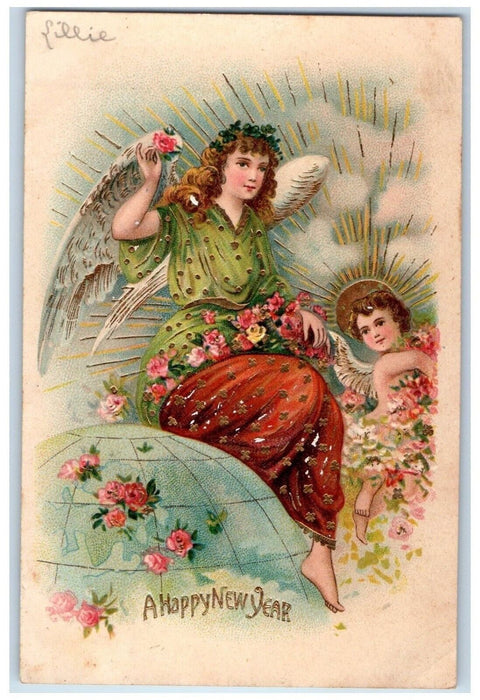 1906 Happy New Year Angels On Top Of Globe Flowers Embossed Nash Posted Postcard