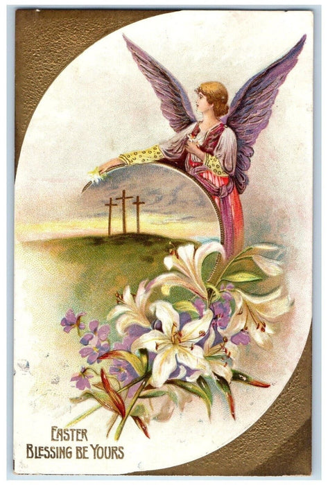 c1910's Easter Blessing Angel Holy Cross Lily Flowers Embossed Antique Postcard