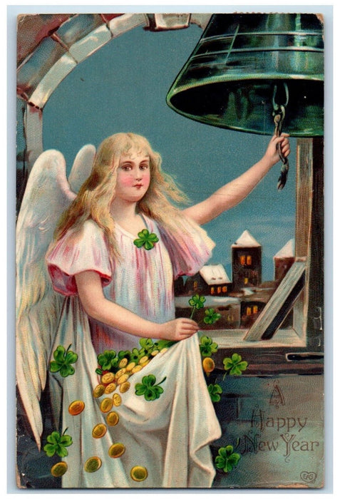 1909 Happy New Year Angel Ringing Bell Shamrock Coins Caribou ME Posted Postcard