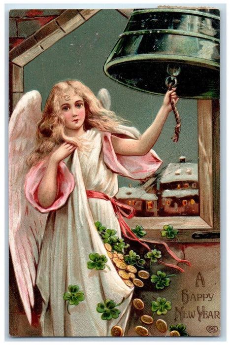 1910 Happy New Year Angel Ringing Bell Shamrock Coins Philadelphia PA Postcard