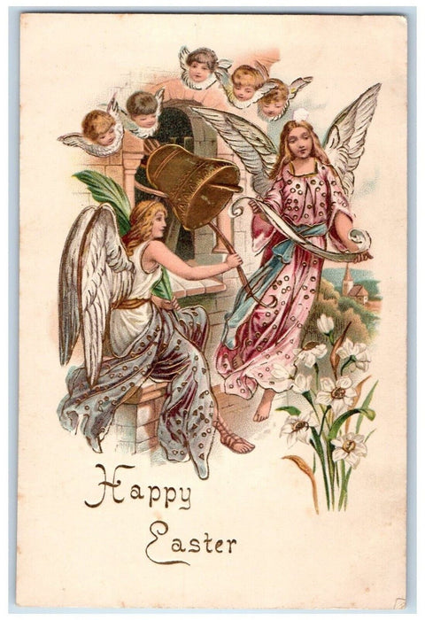 c1910's Happy Easter Angels Ringing Bell Tower White Lily Flowers Postcard