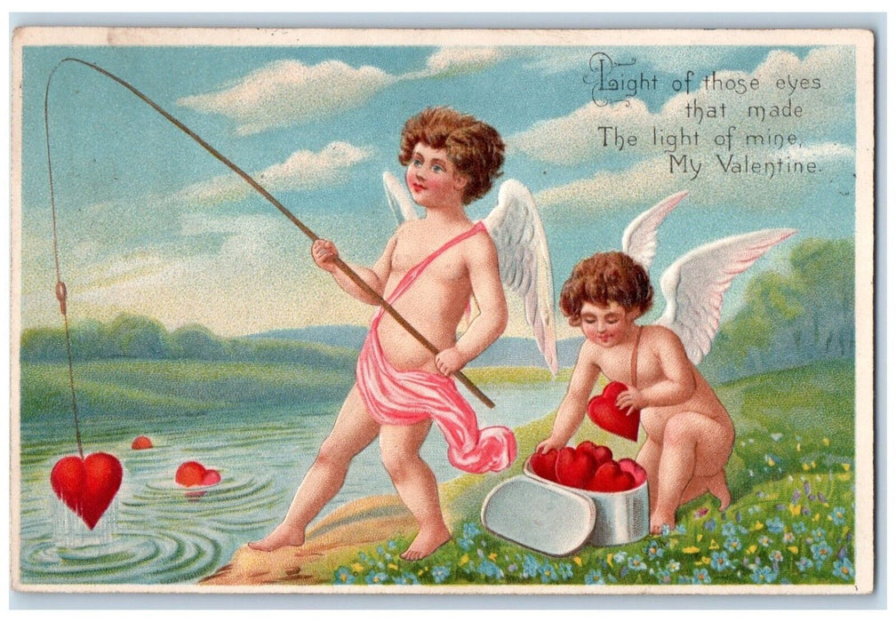 c1905 Valentine Angels Fishing Hearts Flowers Embossed Posted Antique Postcard