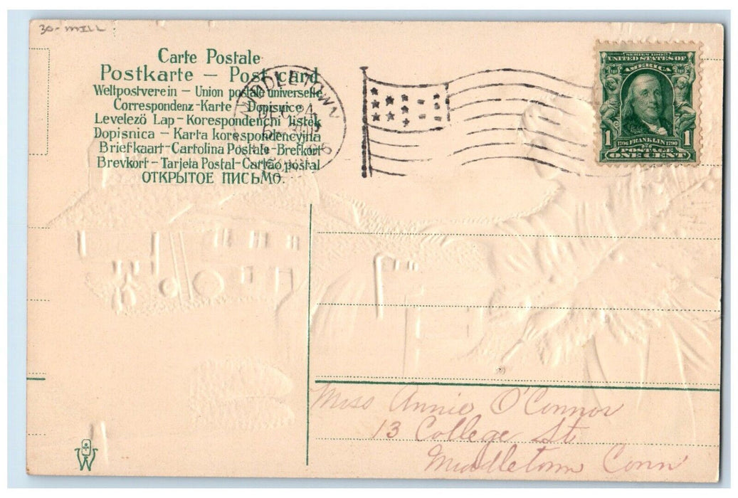 c1910's Christmas Tree Angel House Winter Mill Embossed Middletown CT Postcard