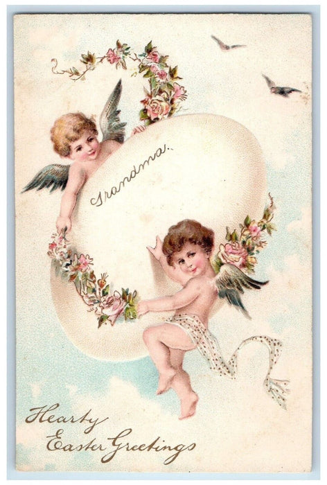 c1910's Easter Greetings Angels Giant Egg Flowers Embossed Antique Postcard