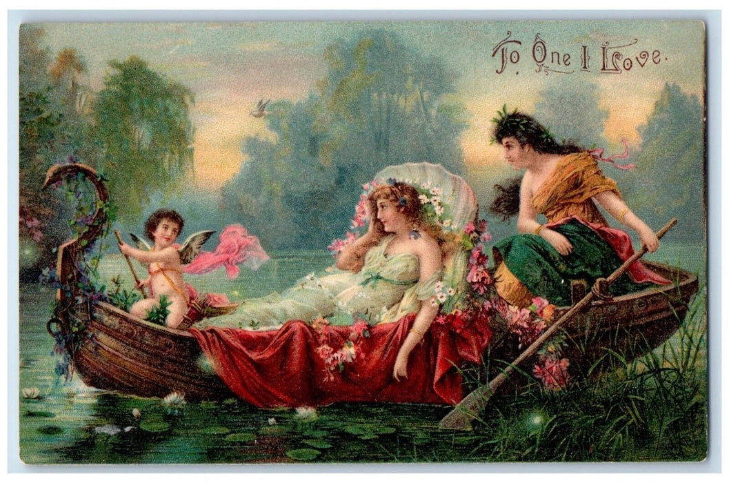 c1905 Valentine Cupid Angel Canoe Boat Pretty Woman Flowers Clapsaddle Postcard