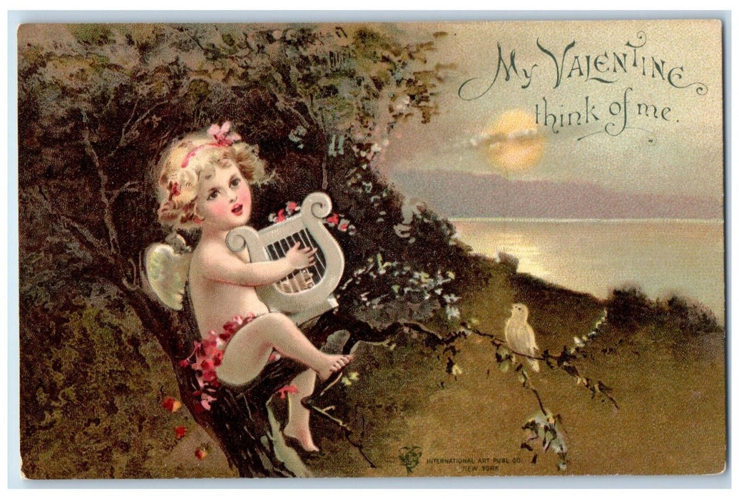 c1905 Valentine Little Angel Playing Lyre Song Bird Flowers Clapsaddle Postcard