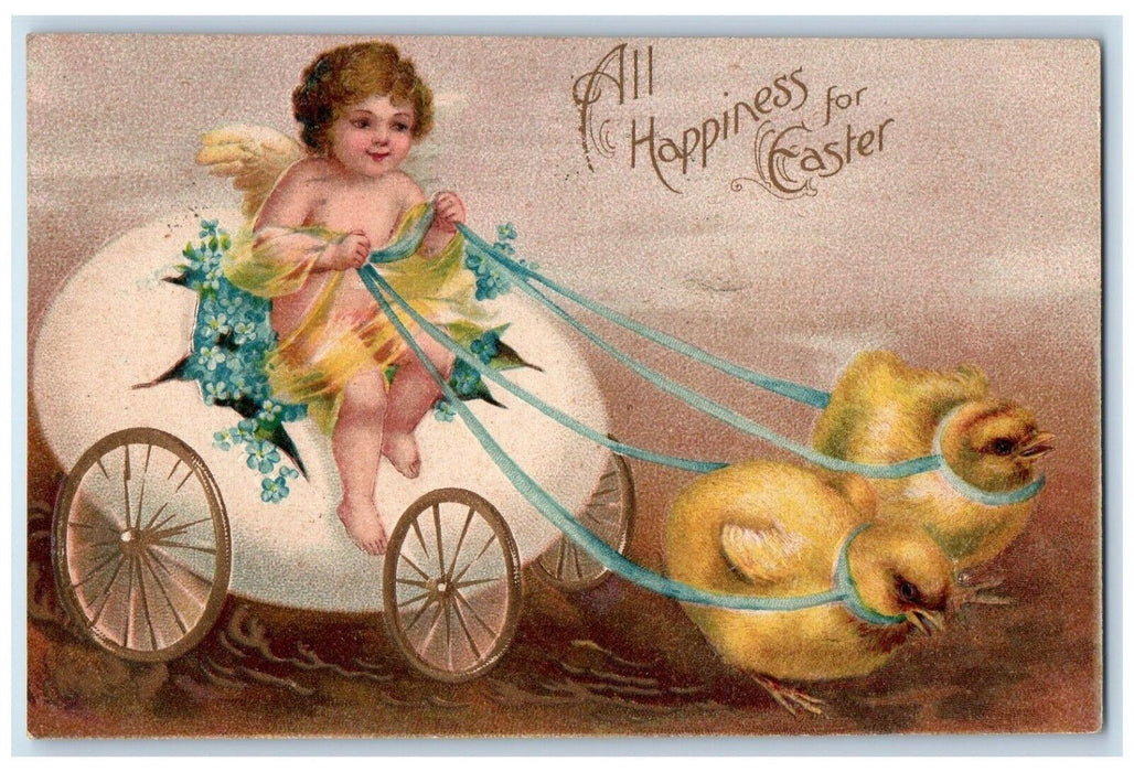 1908 Easter Chicks Pulling Cart Giant Hatched Egg Flowers Clapsaddle Postcard