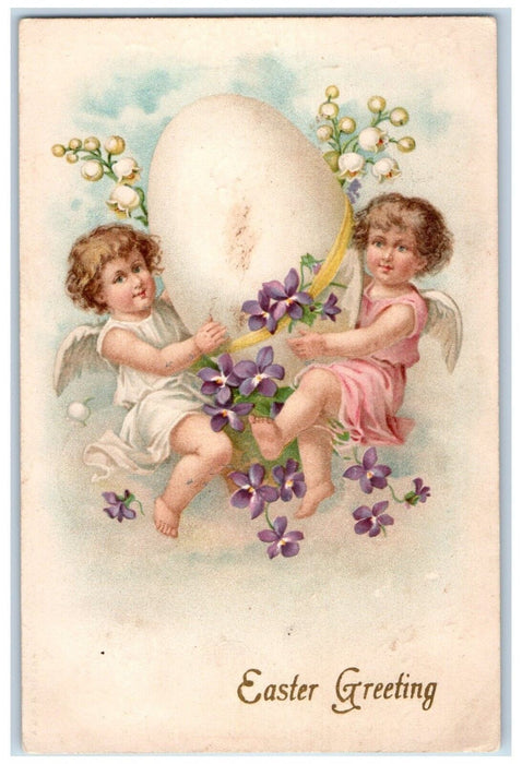 1903 Easter Greetings Angels Holding Giant Egg Flowers Cropsey IL Postcard